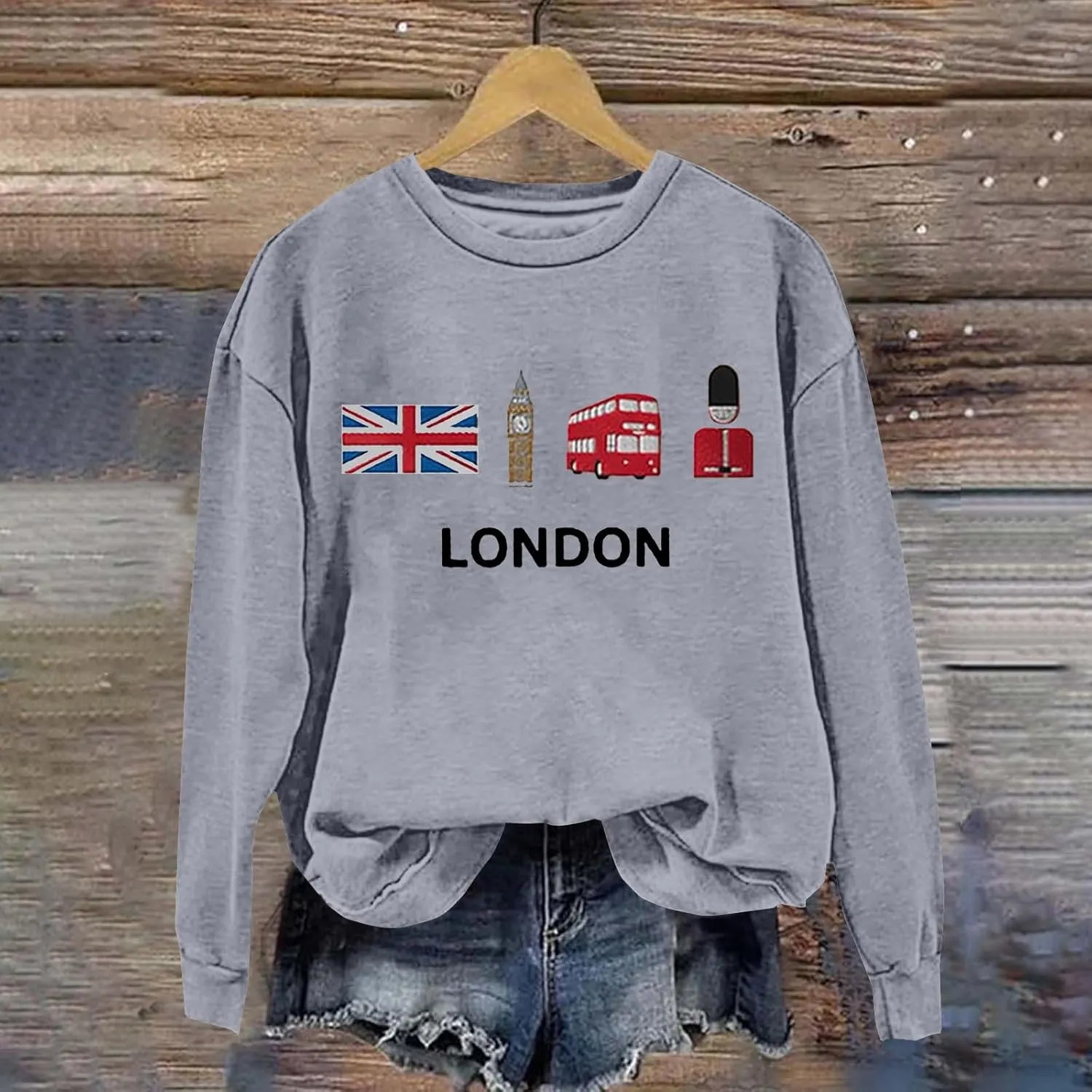 Heevina London Uk Big Ben British Flag Soldier Public Bus Sweatshirt For Women Crewneck Pullover Tops