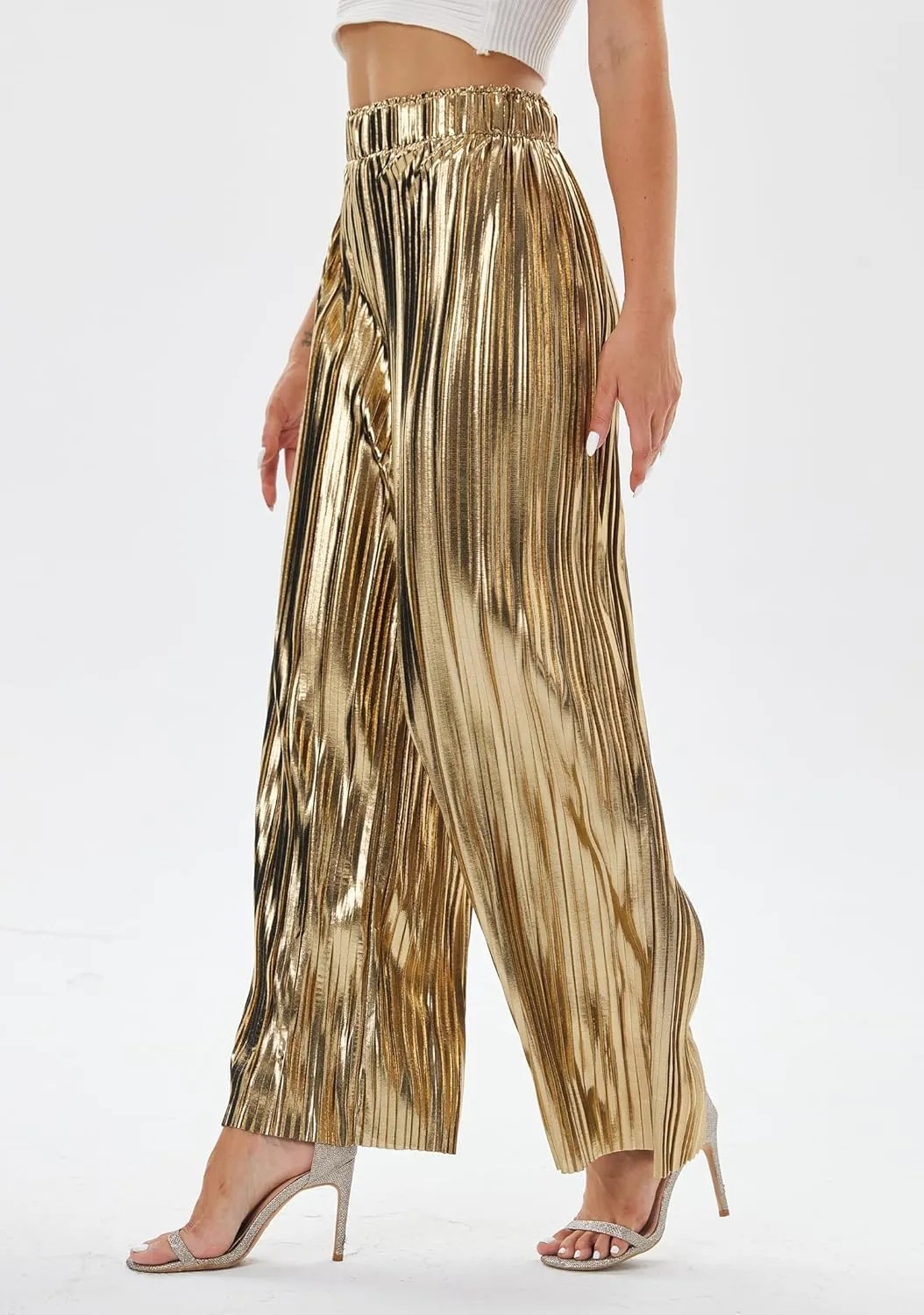 heipeiwa Women's Shiny Pleated Wide Leg Pants Party Nightout High Waist Trouser Folded Lightweight Outfit Clubwear