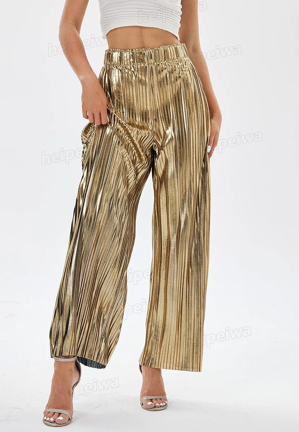 heipeiwa Women's Shiny Pleated Wide Leg Pants Party Nightout High Waist Trouser Folded Lightweight Outfit Clubwear