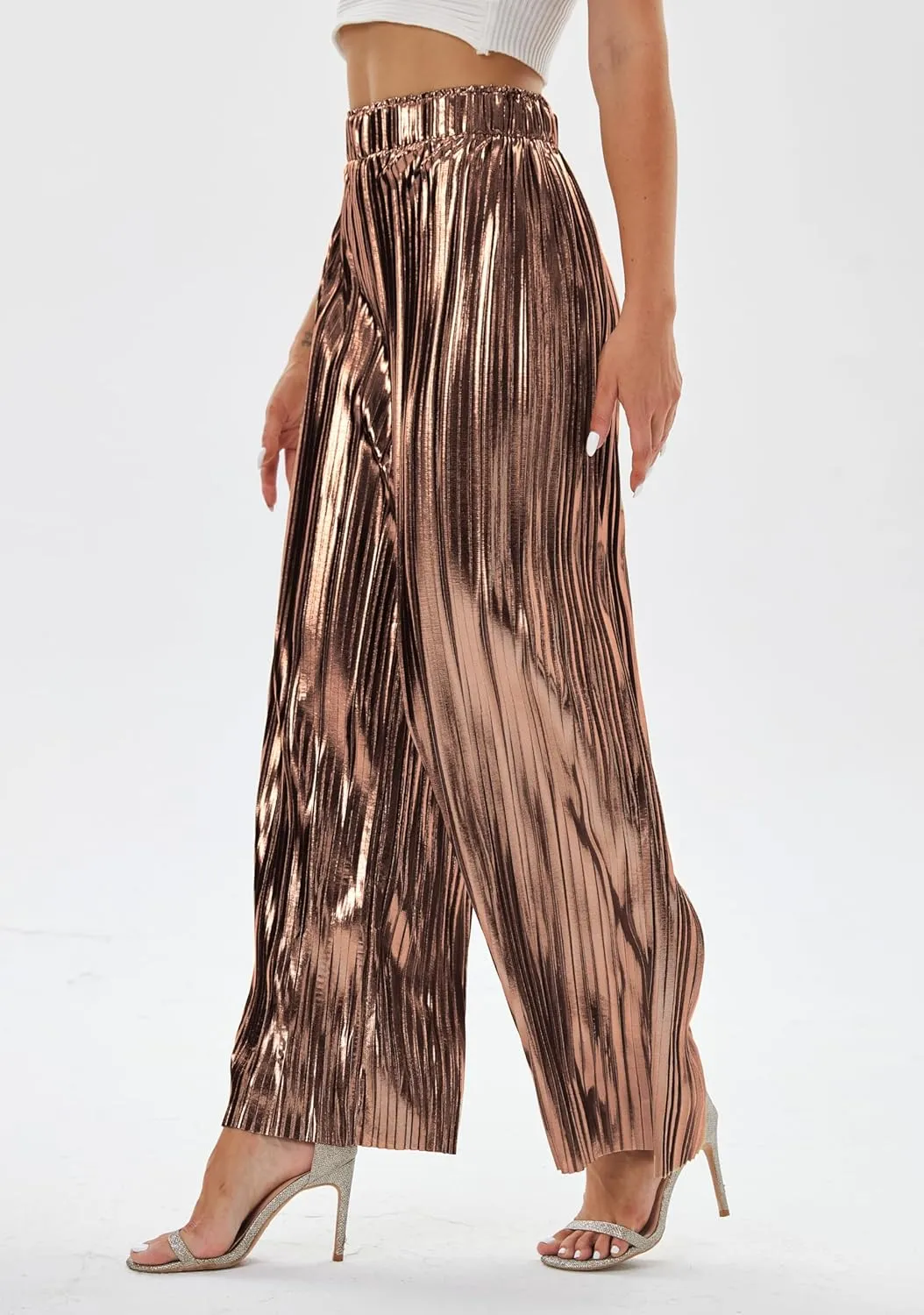 heipeiwa Women's Shiny Pleated Wide Leg Pants Party Nightout High Waist Trouser Folded Lightweight Outfit Clubwear