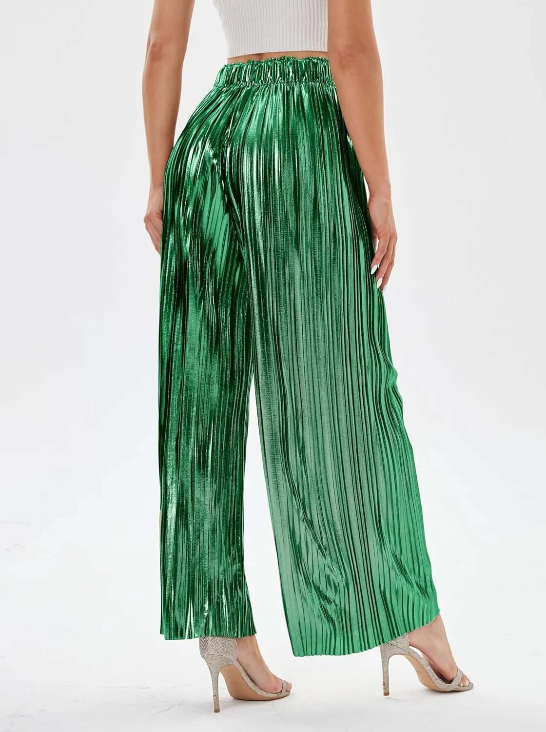 heipeiwa Women's Shiny Pleated Wide Leg Pants Party Nightout High Waist Trouser Folded Lightweight Outfit Clubwear