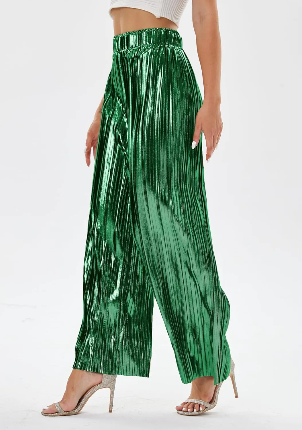 heipeiwa Women's Shiny Pleated Wide Leg Pants Party Nightout High Waist Trouser Folded Lightweight Outfit Clubwear