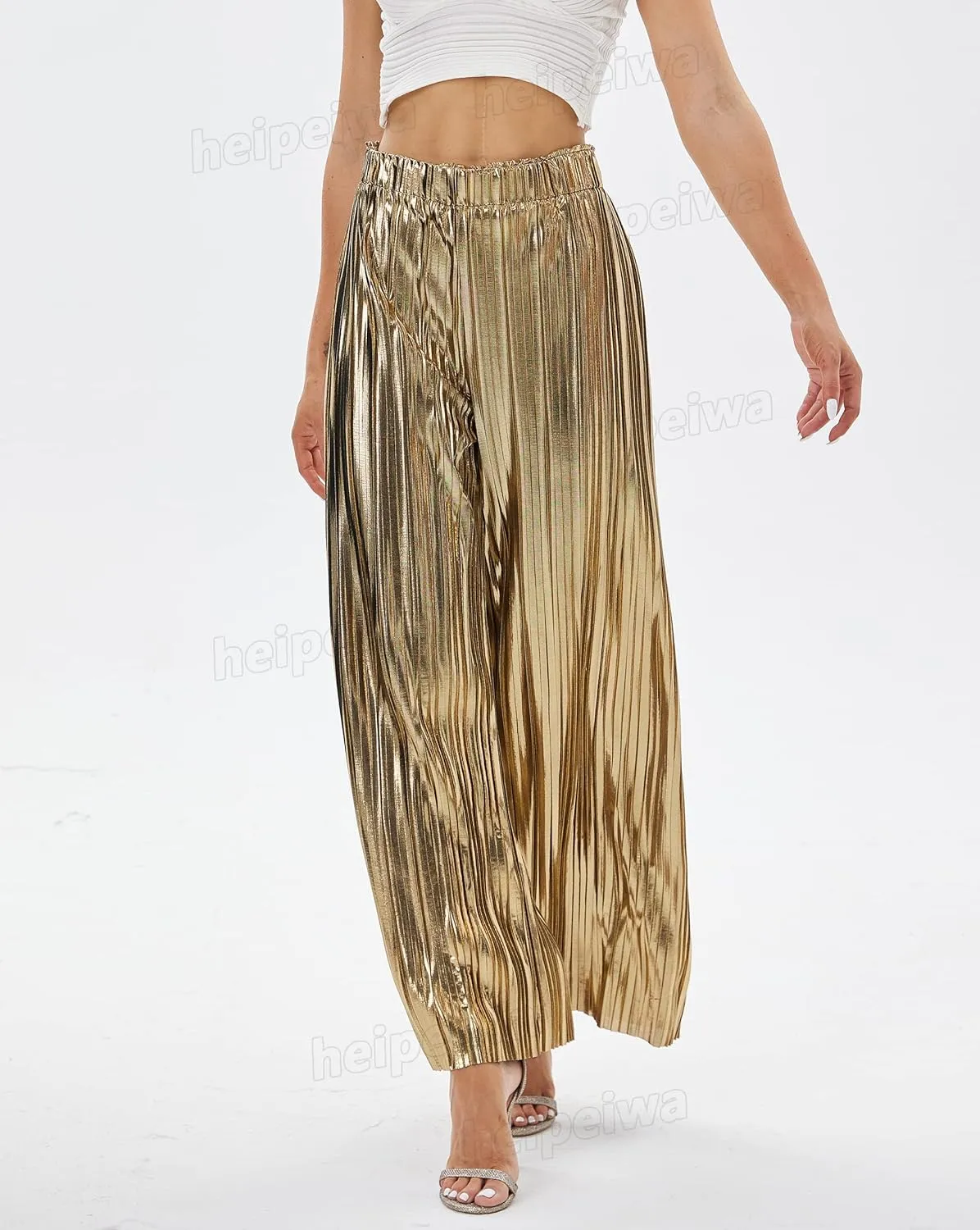 heipeiwa Women's Shiny Pleated Wide Leg Pants Party Nightout High Waist Trouser Folded Lightweight Outfit Clubwear
