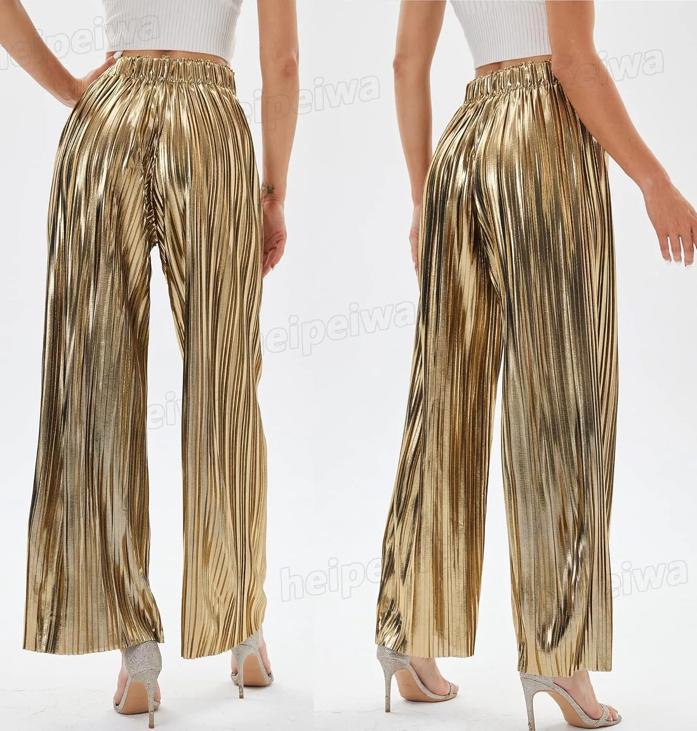 heipeiwa Women's Shiny Pleated Wide Leg Pants Party Nightout High Waist Trouser Folded Lightweight Outfit Clubwear