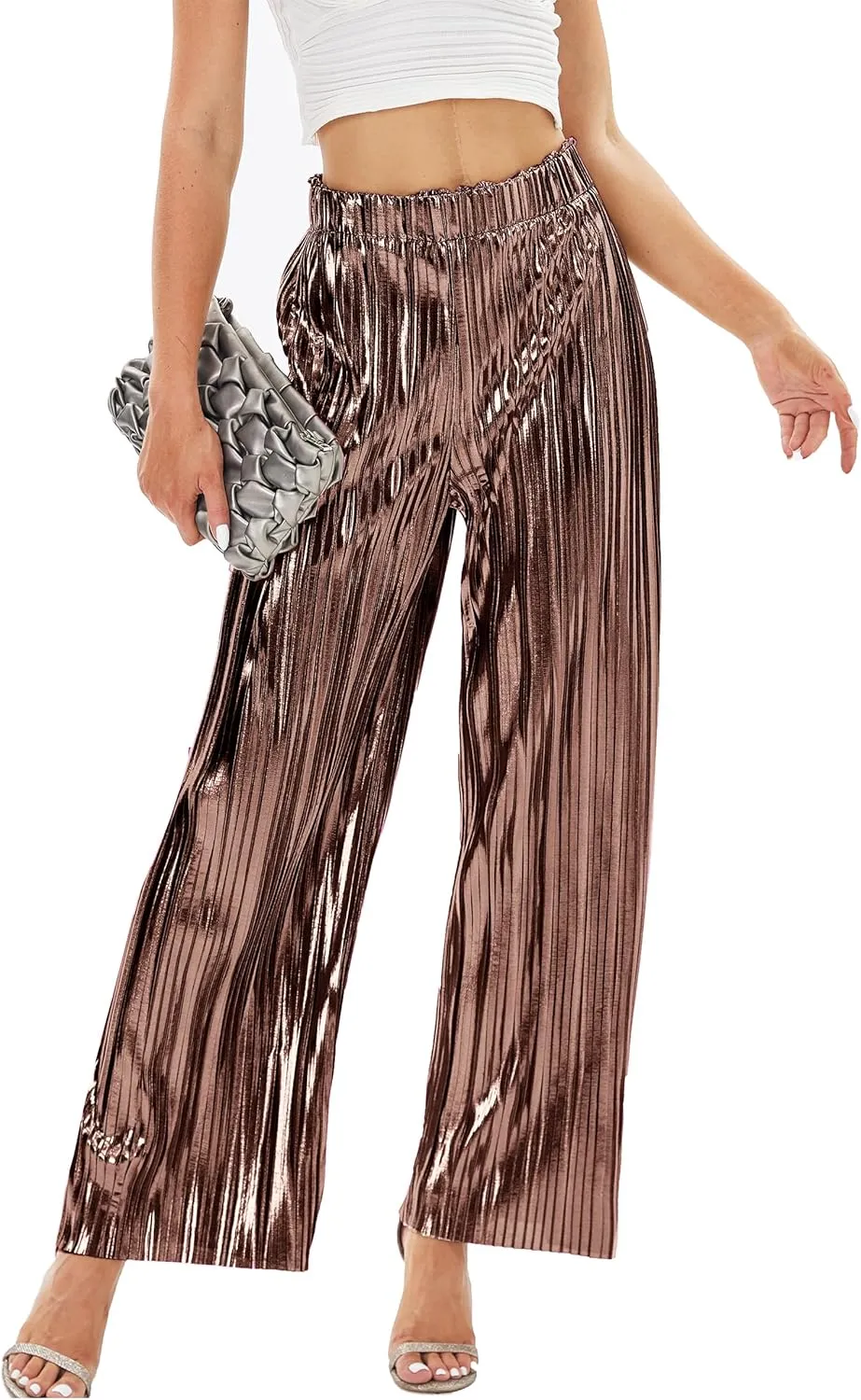 heipeiwa Women's Shiny Pleated Wide Leg Pants Party Nightout High Waist Trouser Folded Lightweight Outfit Clubwear