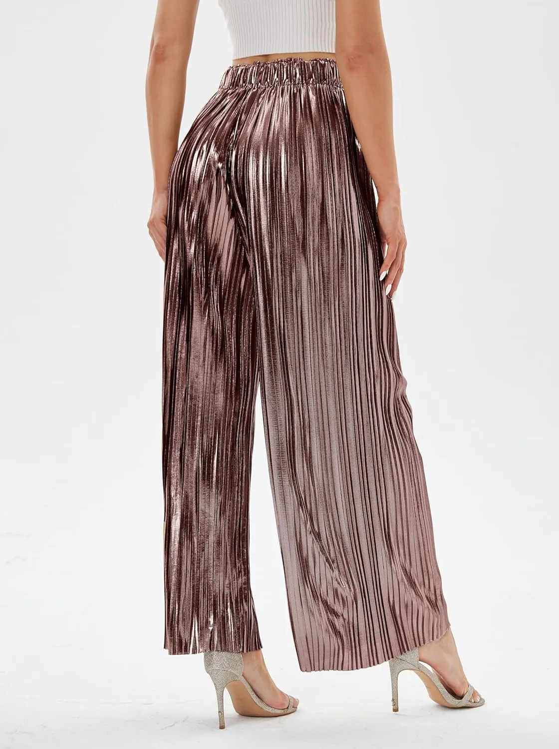 heipeiwa Women's Shiny Pleated Wide Leg Pants Party Nightout High Waist Trouser Folded Lightweight Outfit Clubwear