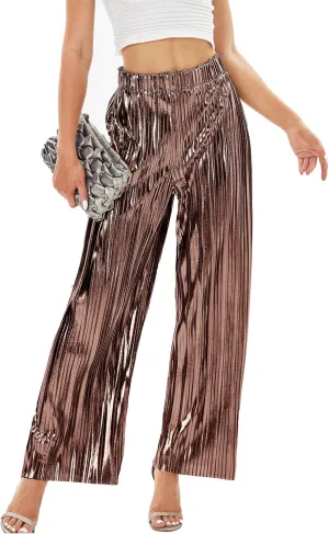 heipeiwa Women's Shiny Pleated Wide Leg Pants Party Nightout High Waist Trouser Folded Lightweight Outfit Clubwear