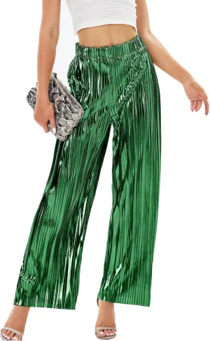 heipeiwa Women's Shiny Pleated Wide Leg Pants Party Nightout High Waist Trouser Folded Lightweight Outfit Clubwear