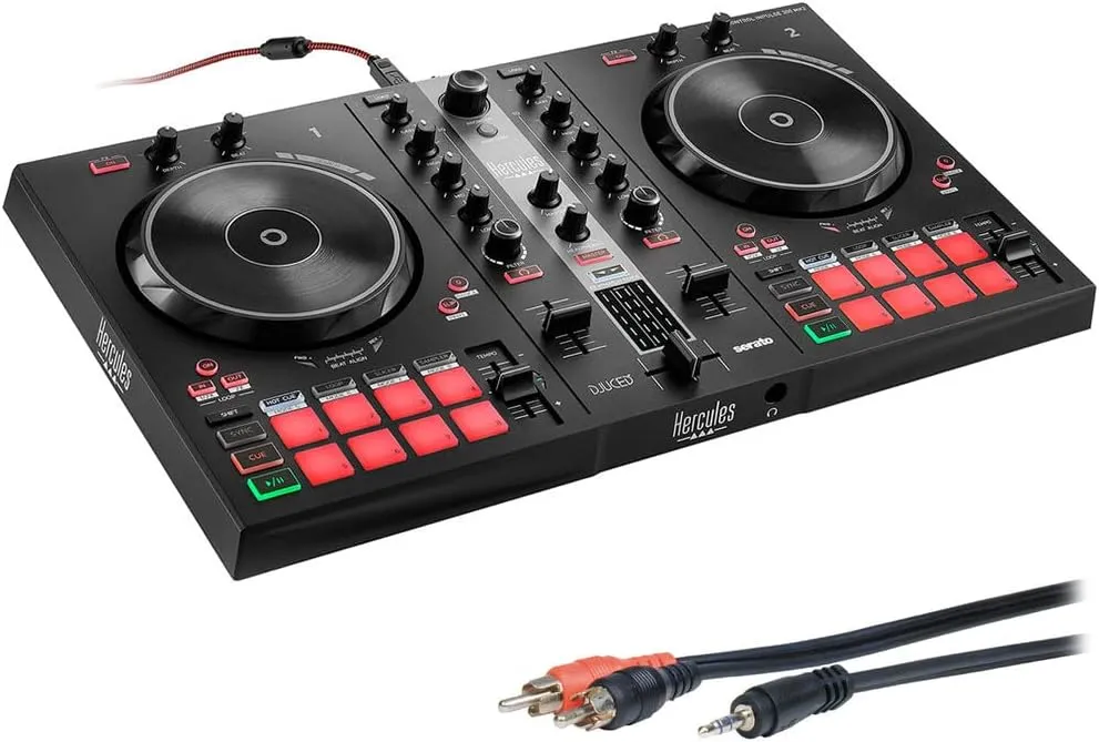 Hercules DJ Control Inpulse 300 2-Deck USB DJ Controller for Serato DJ Lite and DJUCED Bundle with 6' Comprehensive Standard Series 3.5mm Stereo Mini Plug to 2 RCA Plugs Audio Cable