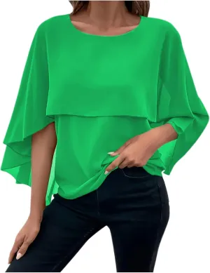 HGps8w Cape Shawls Top for Women Summer Lightweight Flowy Shirts Double-Layered Dressy Chiffon Poncho Blouse