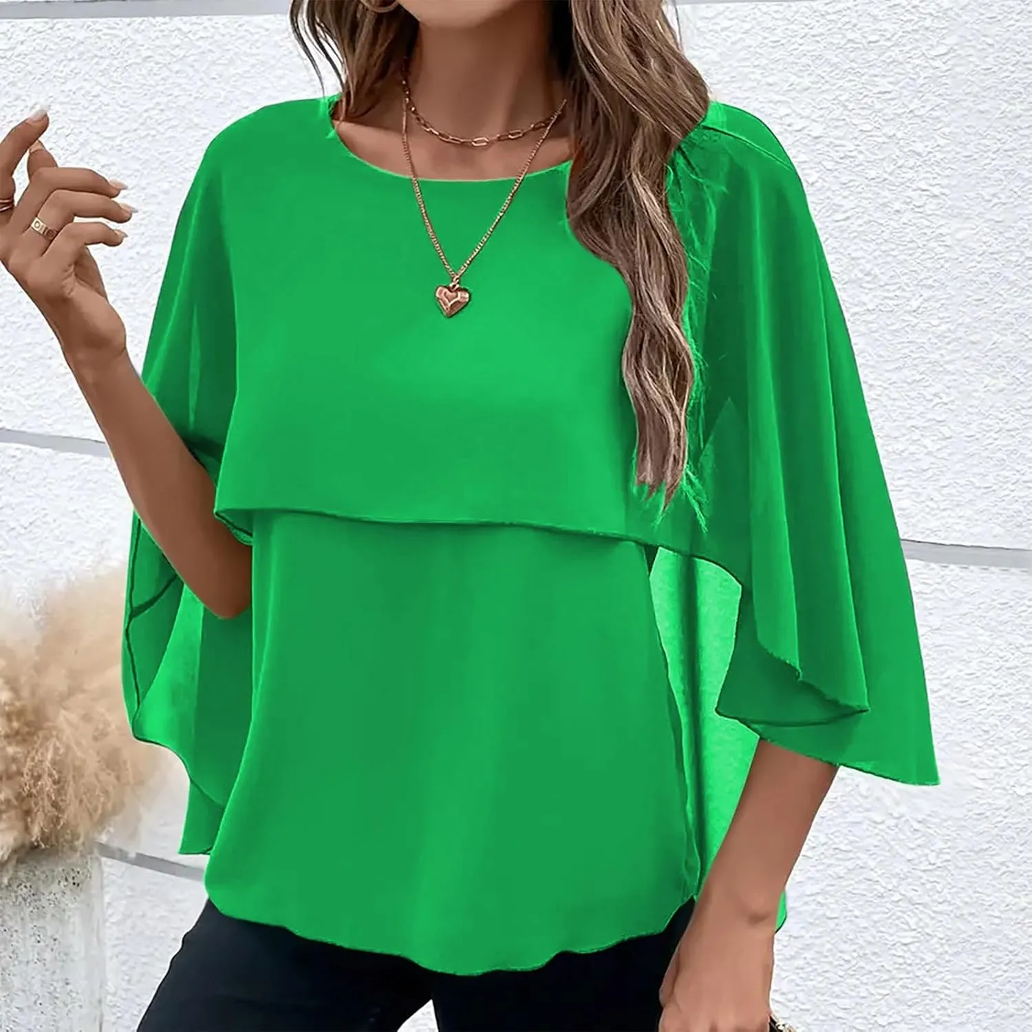 HGps8w Cape Shawls Top for Women Summer Lightweight Flowy Shirts Double-Layered Dressy Chiffon Poncho Blouse