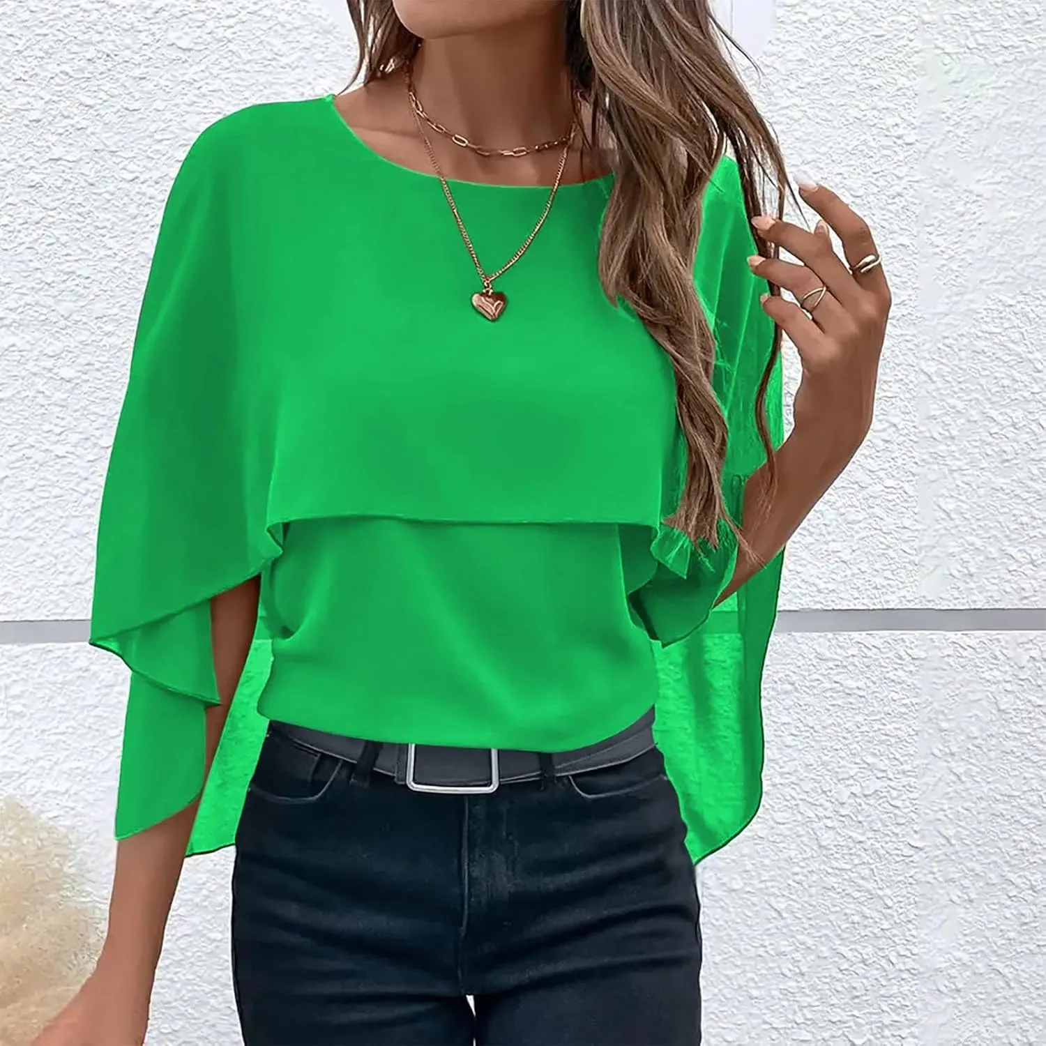 HGps8w Cape Shawls Top for Women Summer Lightweight Flowy Shirts Double-Layered Dressy Chiffon Poncho Blouse