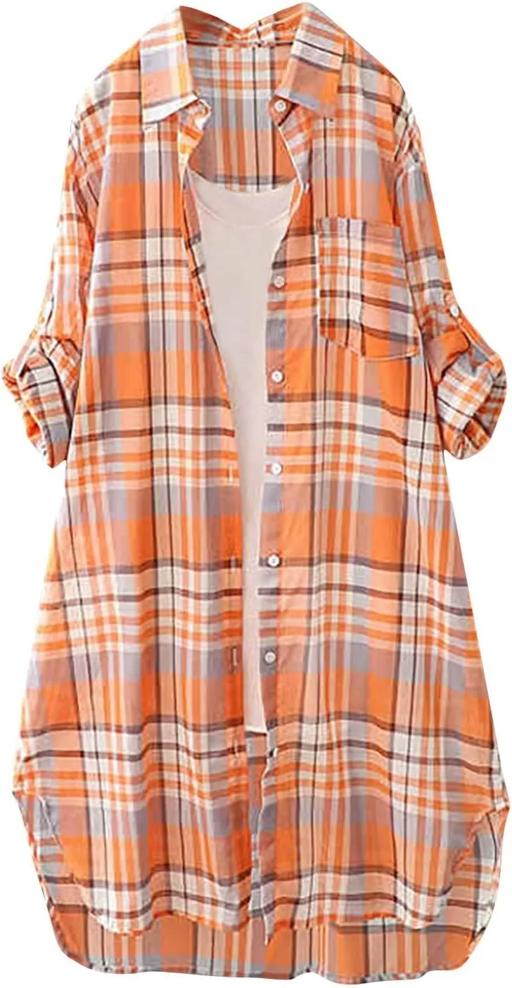 HGps8w Long Plaid Shirt for Women Roll Up Long Sleeve Loose Collared Button Down Boyfriend Shirts Beach Cover Up Cardigans