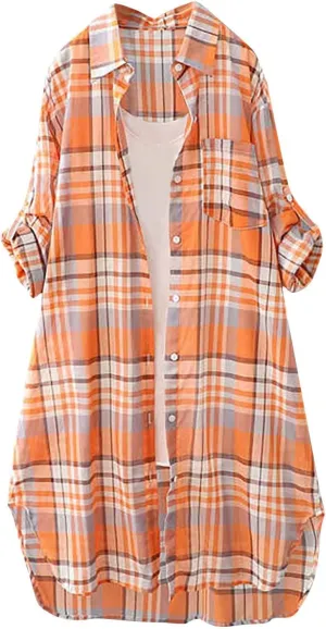 HGps8w Long Plaid Shirt for Women Roll Up Long Sleeve Loose Collared Button Down Boyfriend Shirts Beach Cover Up Cardigans