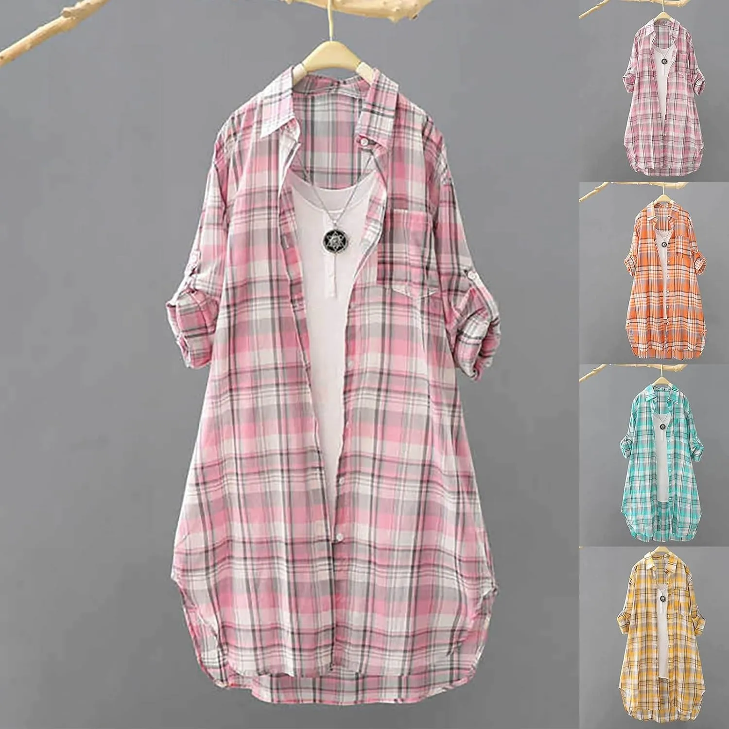 HGps8w Long Plaid Shirt for Women Roll Up Long Sleeve Loose Collared Button Down Boyfriend Shirts Beach Cover Up Cardigans