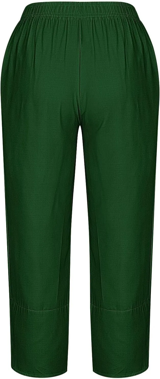 HGps8w Plus Size Cotton Linen Pants for Women - Loose Solid Elastic Waist Versatile Business Casual Lounge Pants with Pockets
