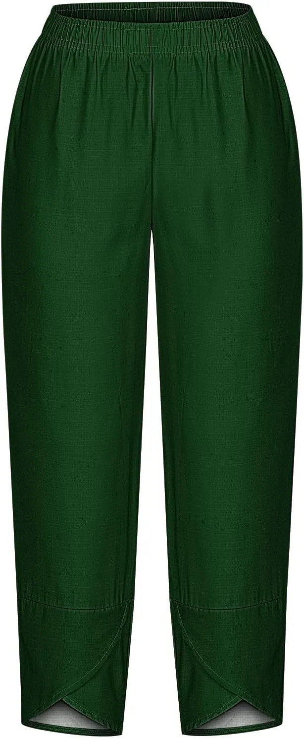 HGps8w Plus Size Cotton Linen Pants for Women - Loose Solid Elastic Waist Versatile Business Casual Lounge Pants with Pockets