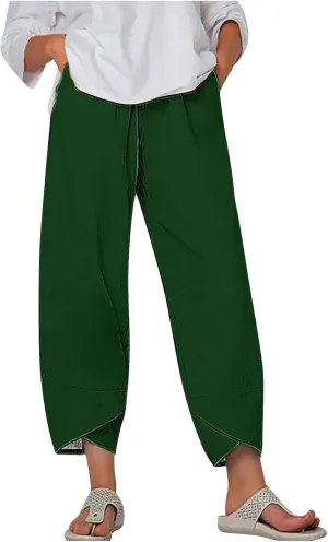 HGps8w Plus Size Cotton Linen Pants for Women - Loose Solid Elastic Waist Versatile Business Casual Lounge Pants with Pockets