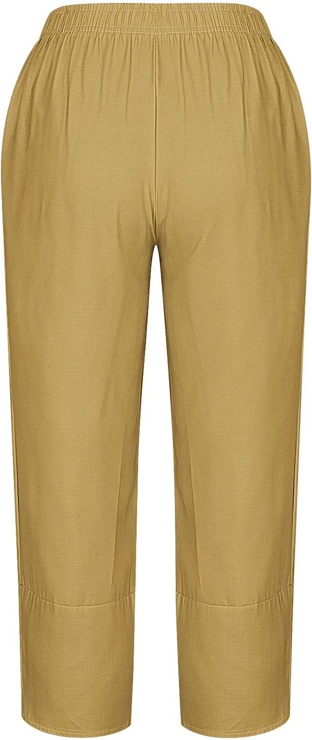 HGps8w Plus Size Cotton Linen Pants for Women - Loose Solid Elastic Waist Versatile Business Casual Lounge Pants with Pockets