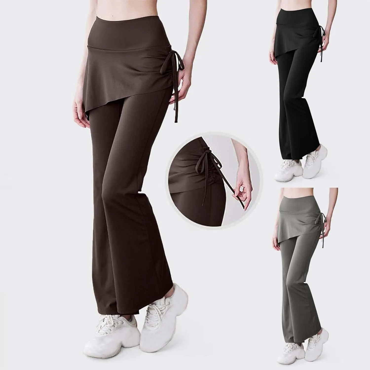 HGps8w Skirted Leggings for Women Trendy Casual Drawstring Side Fake-Two Flare Wide Leg Yoga Pants Chic Athletic Bell Bottom