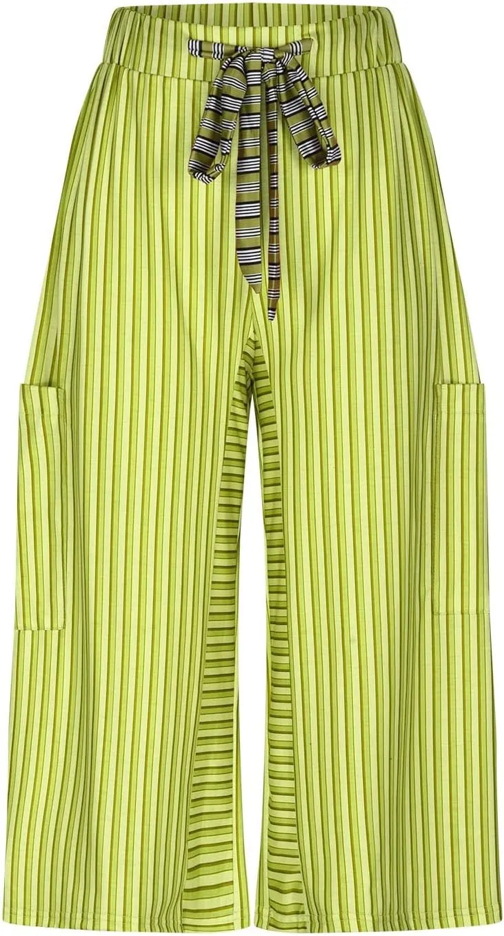 HGps8w Striped Wide Leg Pants for Women Capris - Casual Elastic Waist Versatile Business Work Lounge Pants with Pockets