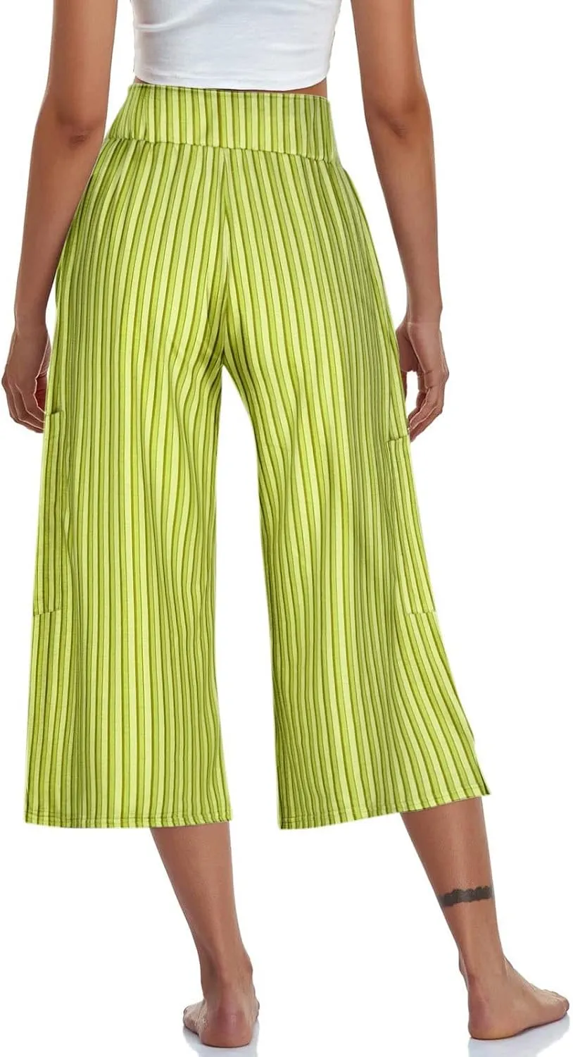 HGps8w Striped Wide Leg Pants for Women Capris - Casual Elastic Waist Versatile Business Work Lounge Pants with Pockets