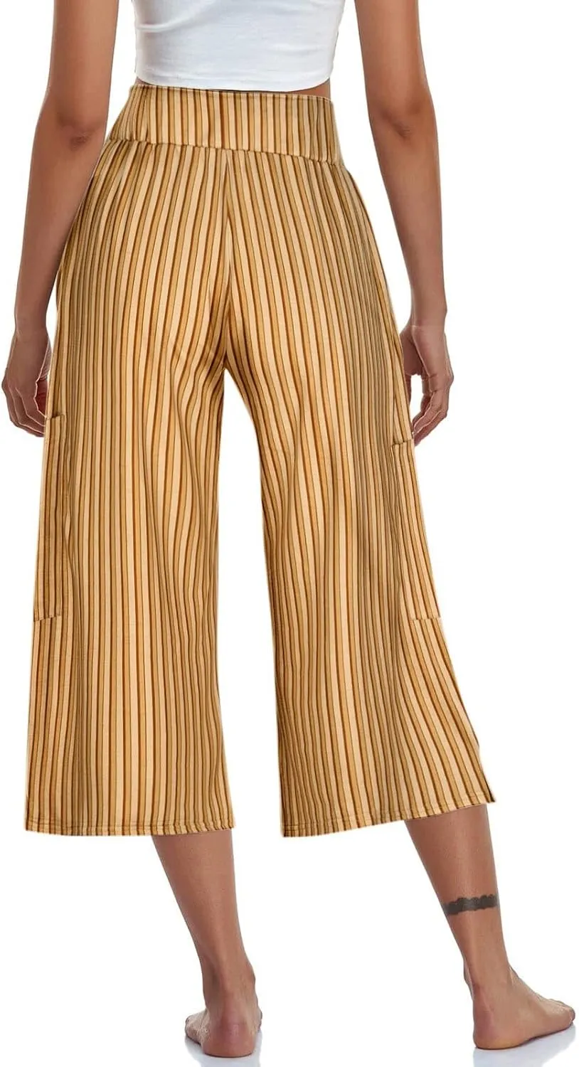HGps8w Striped Wide Leg Pants for Women Capris - Casual Elastic Waist Versatile Business Work Lounge Pants with Pockets