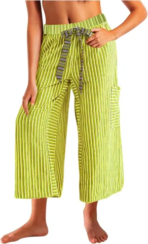 HGps8w Striped Wide Leg Pants for Women Capris - Casual Elastic Waist Versatile Business Work Lounge Pants with Pockets