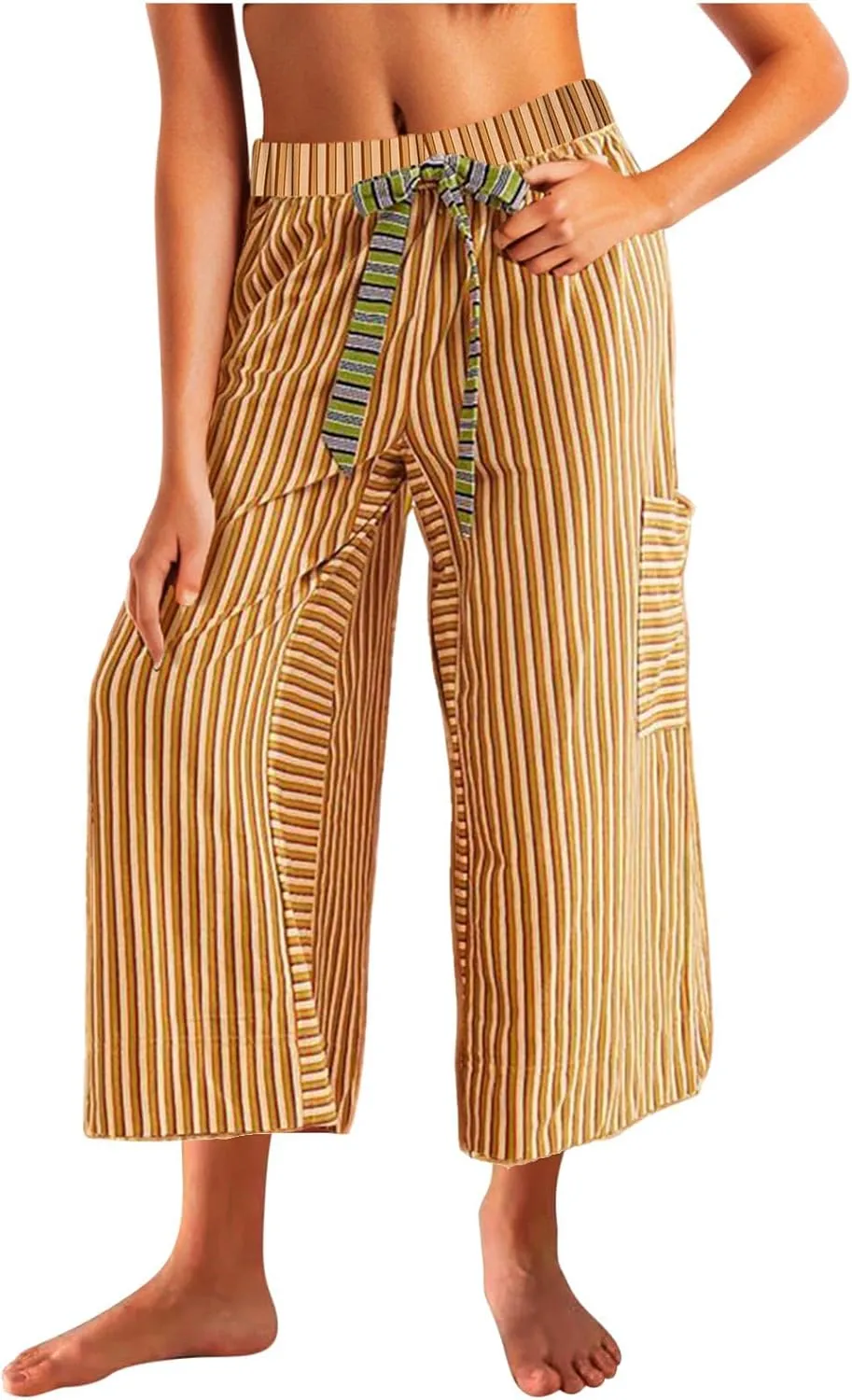 HGps8w Striped Wide Leg Pants for Women Capris - Casual Elastic Waist Versatile Business Work Lounge Pants with Pockets