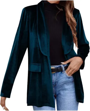 HGps8w Velvet Blazers for Women Vintage Suit Jackets Elegant Open Front Long Sleeve Loose Outerwear with Pockets