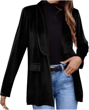 HGps8w Velvet Blazers for Women Vintage Suit Jackets Elegant Open Front Long Sleeve Loose Outerwear with Pockets