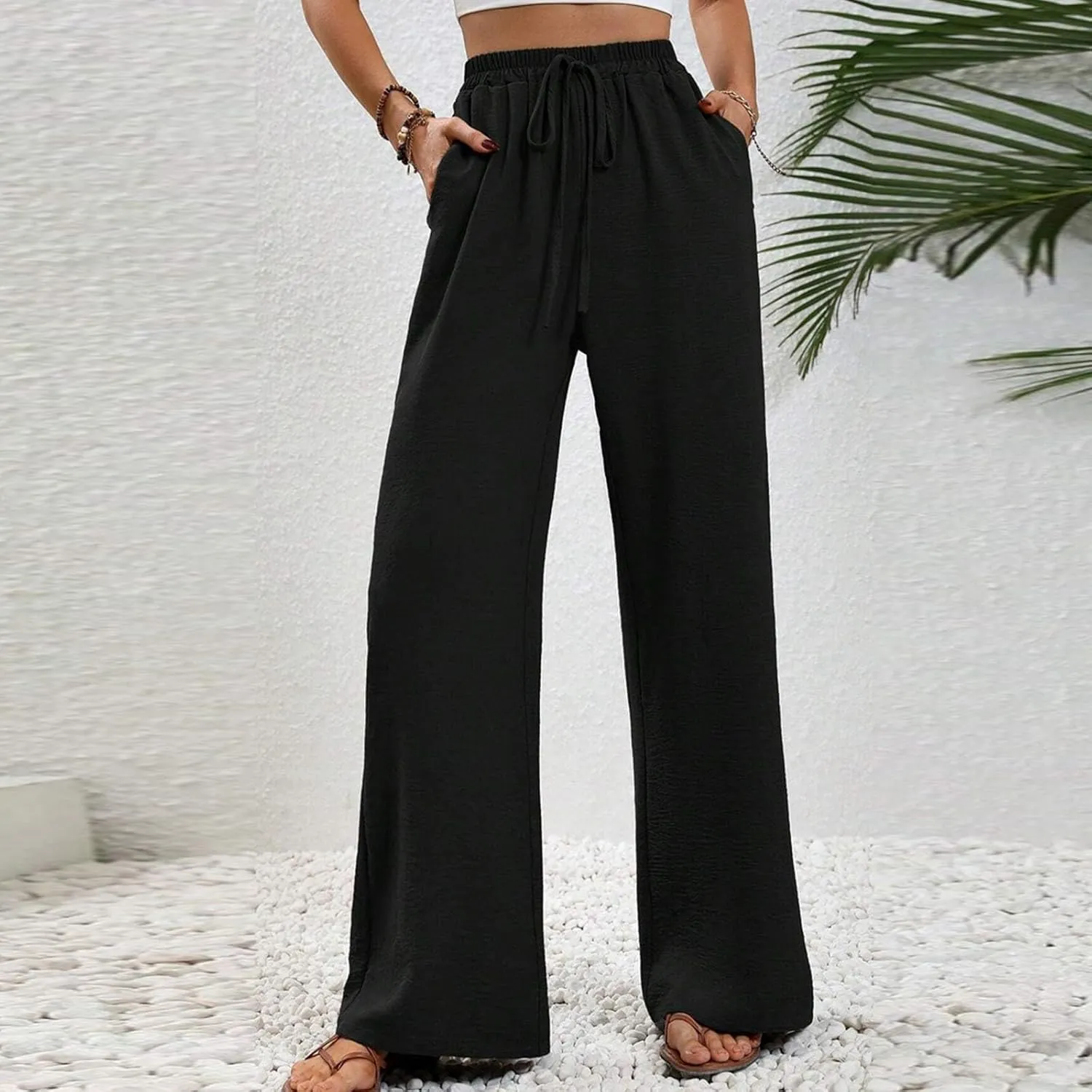 HGps8w Wide Leg Linen Pants for Women Solid Color Elastic High Waist Drawstring Loose Comfy Lounge Pants with Pockets