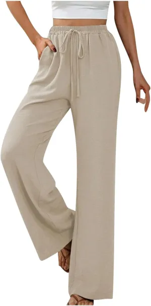 HGps8w Wide Leg Linen Pants for Women Solid Color Elastic High Waist Drawstring Loose Comfy Lounge Pants with Pockets
