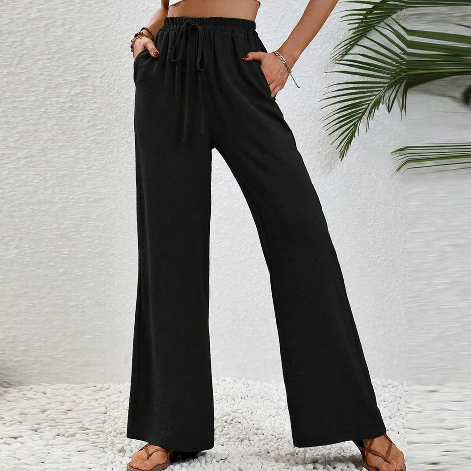 HGps8w Wide Leg Linen Pants for Women Solid Color Elastic High Waist Drawstring Loose Comfy Lounge Pants with Pockets