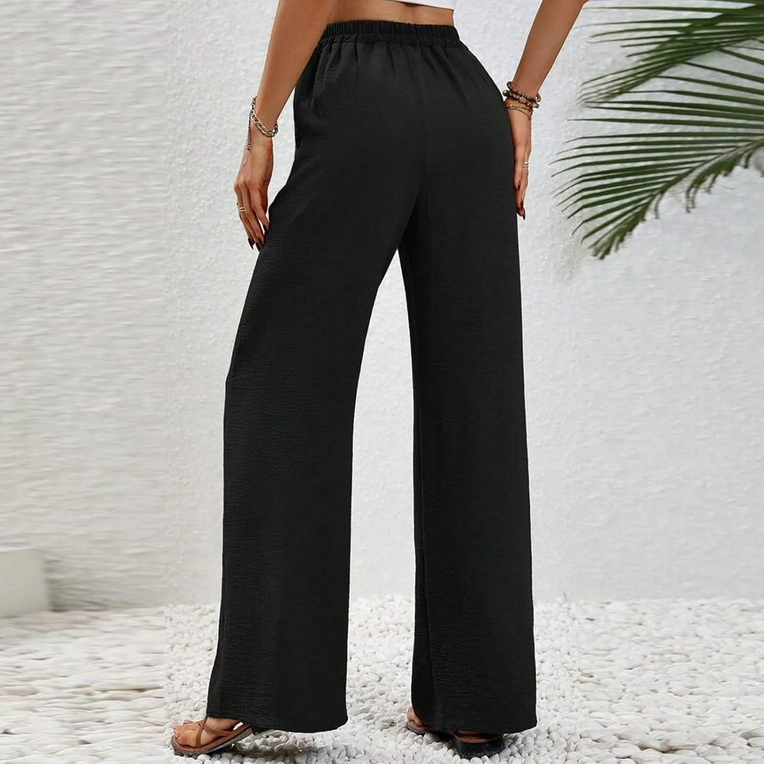HGps8w Wide Leg Linen Pants for Women Solid Color Elastic High Waist Drawstring Loose Comfy Lounge Pants with Pockets