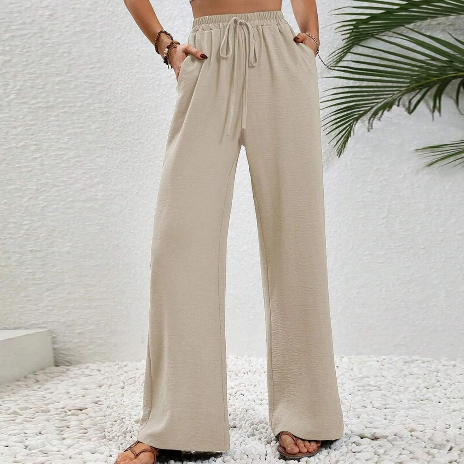 HGps8w Wide Leg Linen Pants for Women Solid Color Elastic High Waist Drawstring Loose Comfy Lounge Pants with Pockets