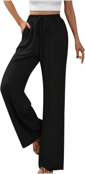 HGps8w Wide Leg Linen Pants for Women Solid Color Elastic High Waist Drawstring Loose Comfy Lounge Pants with Pockets