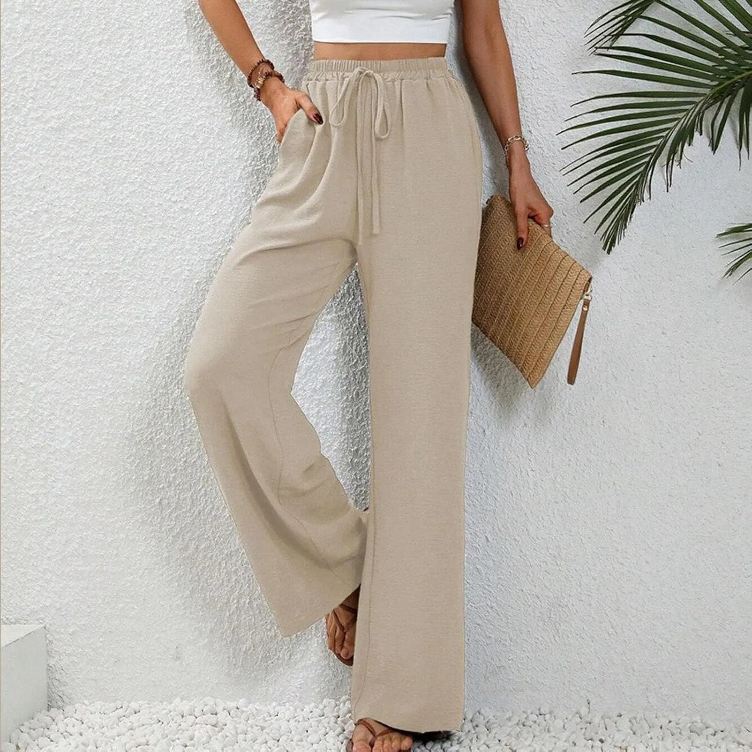 HGps8w Wide Leg Linen Pants for Women Solid Color Elastic High Waist Drawstring Loose Comfy Lounge Pants with Pockets