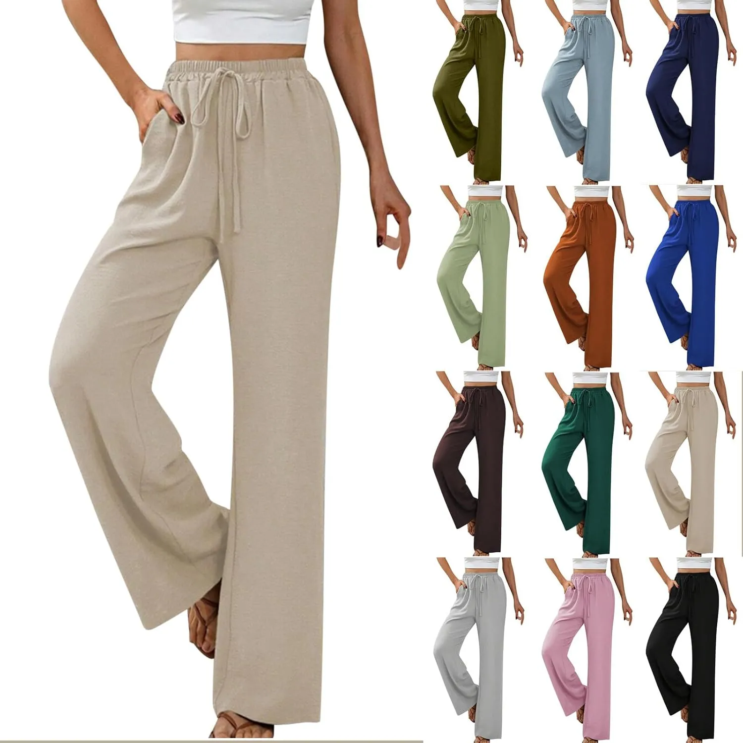 HGps8w Wide Leg Linen Pants for Women Solid Color Elastic High Waist Drawstring Loose Comfy Lounge Pants with Pockets