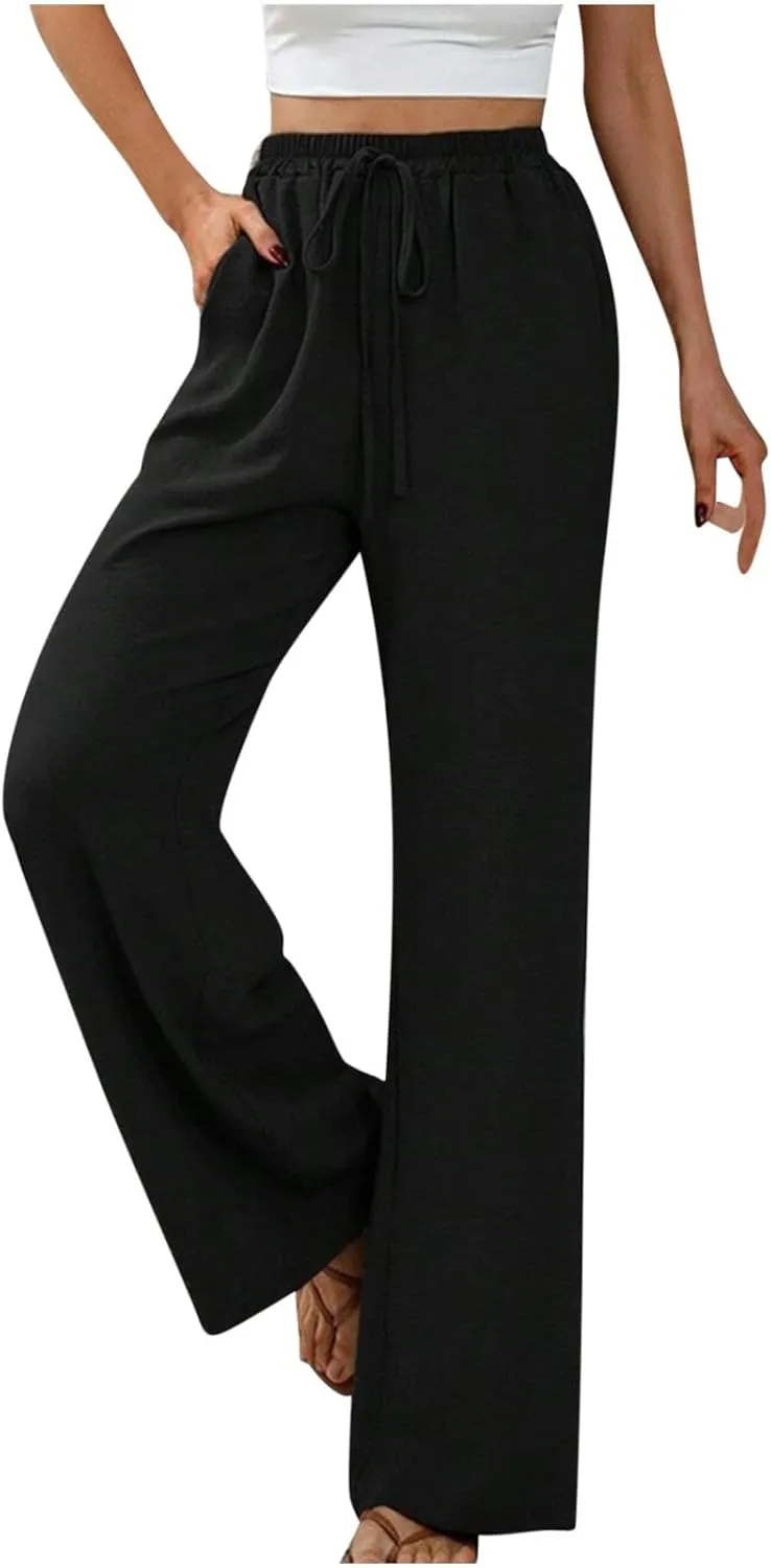 HGps8w Wide Leg Linen Pants for Women Solid Color Elastic High Waist Drawstring Loose Comfy Lounge Pants with Pockets