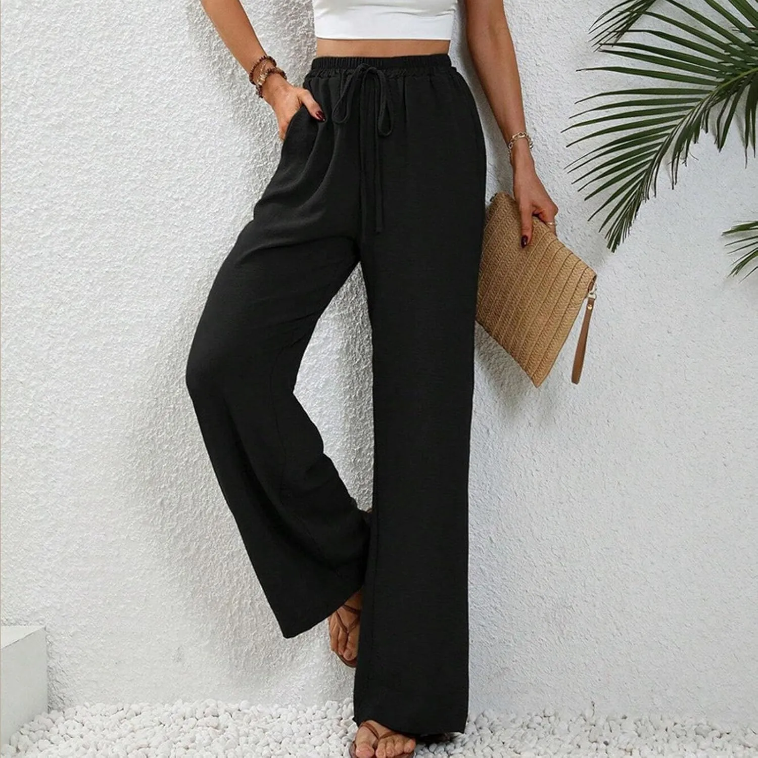 HGps8w Wide Leg Linen Pants for Women Solid Color Elastic High Waist Drawstring Loose Comfy Lounge Pants with Pockets