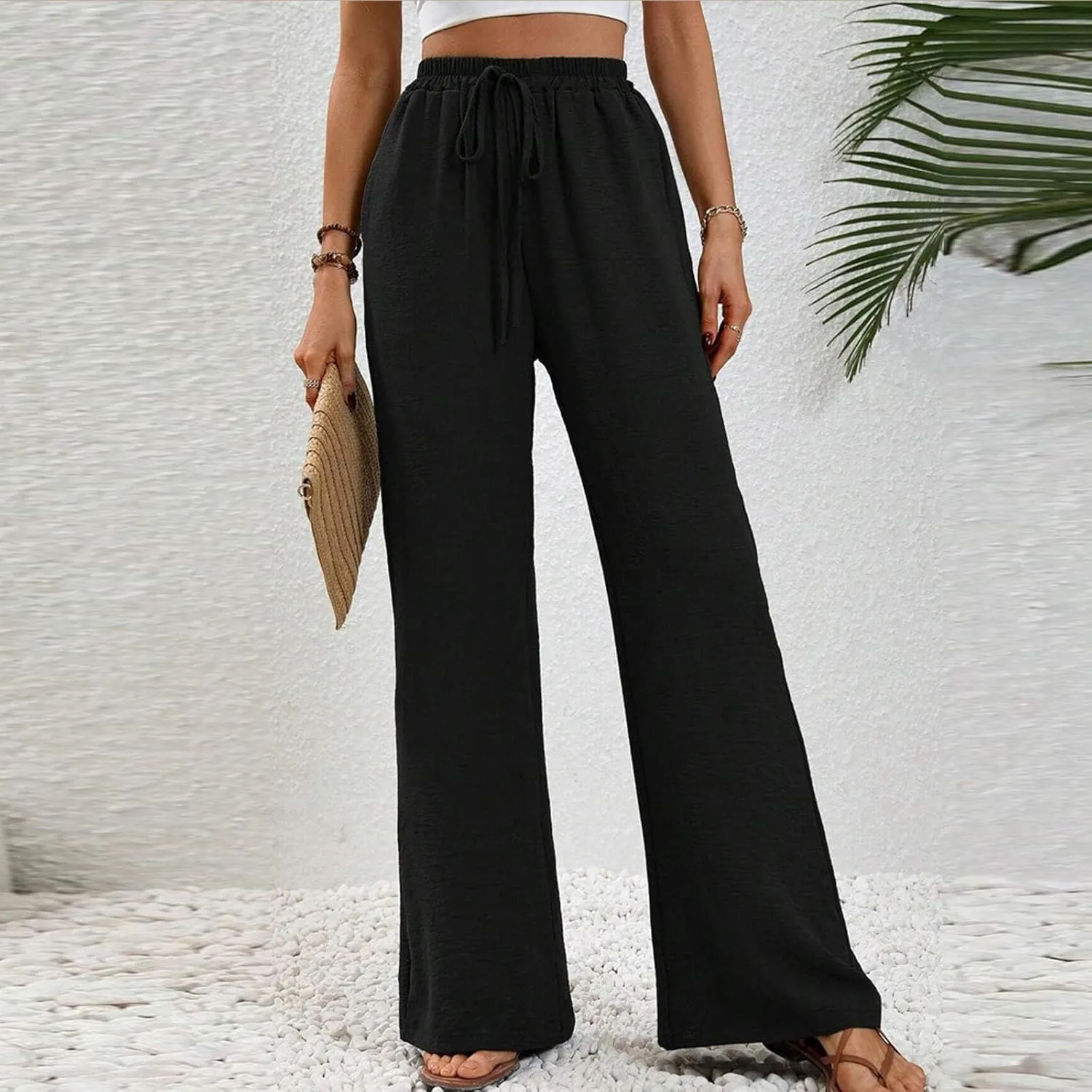HGps8w Wide Leg Linen Pants for Women Solid Color Elastic High Waist Drawstring Loose Comfy Lounge Pants with Pockets