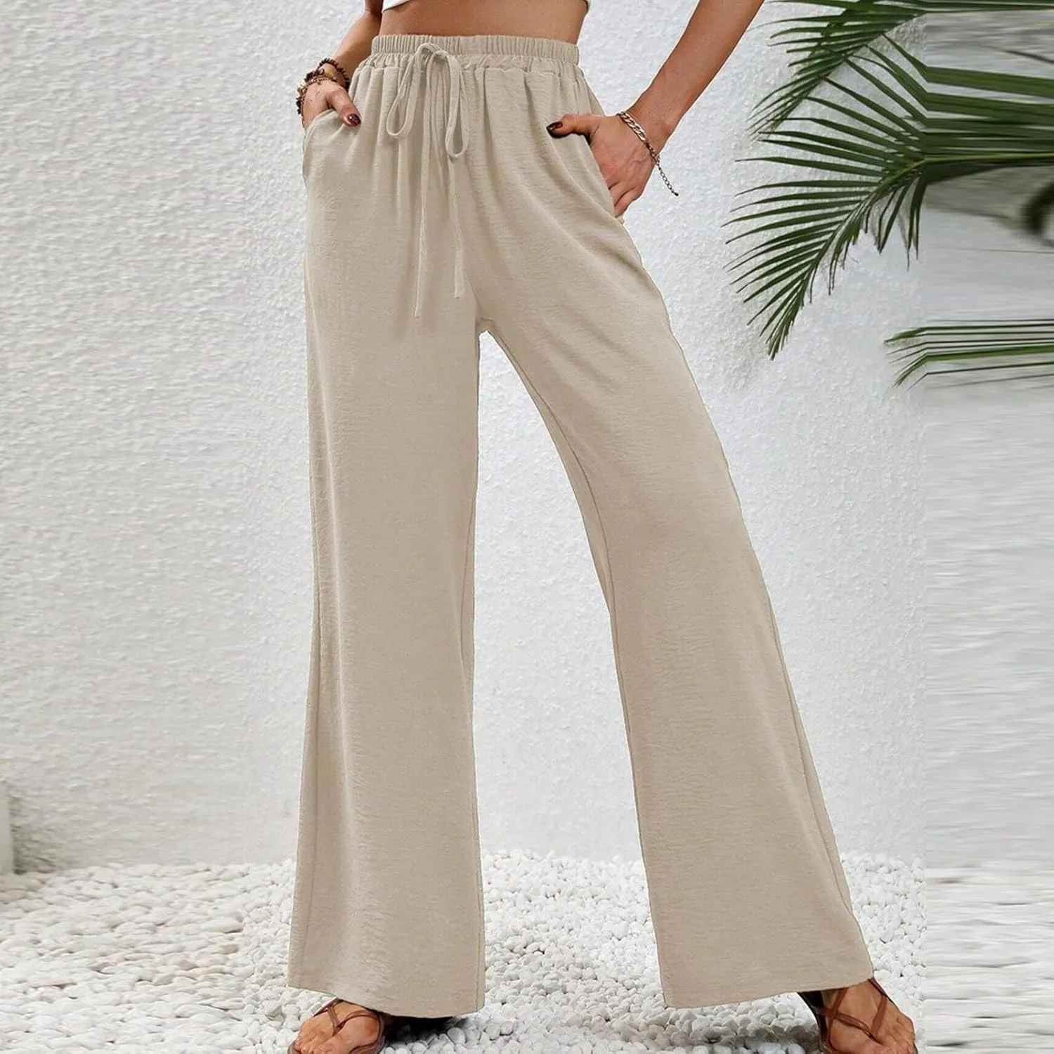 HGps8w Wide Leg Linen Pants for Women Solid Color Elastic High Waist Drawstring Loose Comfy Lounge Pants with Pockets