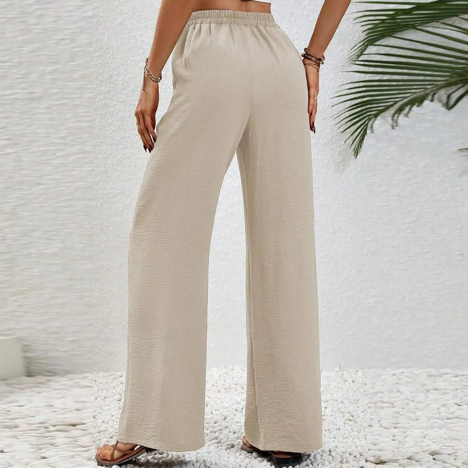 HGps8w Wide Leg Linen Pants for Women Solid Color Elastic High Waist Drawstring Loose Comfy Lounge Pants with Pockets