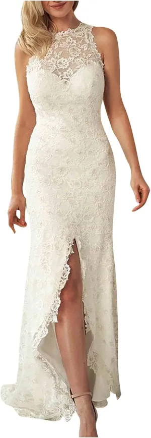 HGps8w Women Sleeveless Wedding Dresses Elegant Halter Neck Sheer Mesh Bridal Gowns Sexy Lace Formal Bridal Dresses