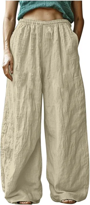 HGps8w Women's Boho Cotton Linen Palazzo Pants Trendy Wide Leg Summer Loose High Waisted Lounge Beach Trousers with Pockets