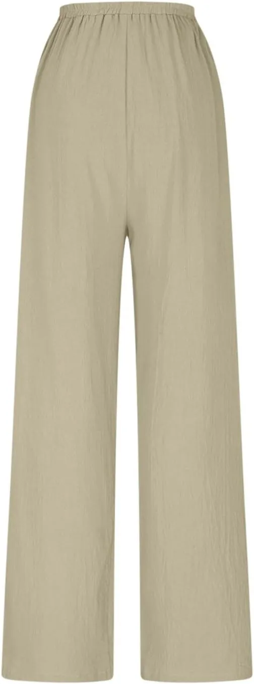 HGps8w Women's Boho Cotton Linen Palazzo Pants Trendy Wide Leg Summer Loose High Waisted Lounge Beach Trousers with Pockets