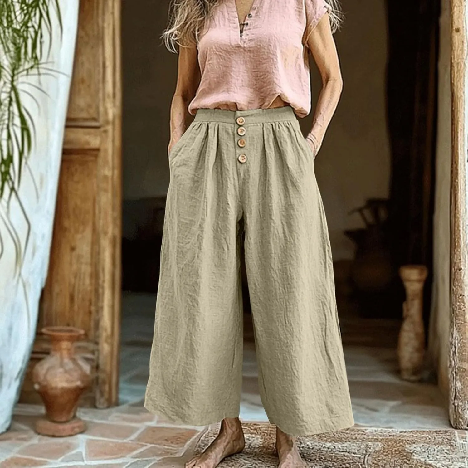 HGps8w Women's Cotton Linen Cropped Palazzo Pants Trendy Wide Leg Summer Loose High Waisted Lounge Trousers with Pockets