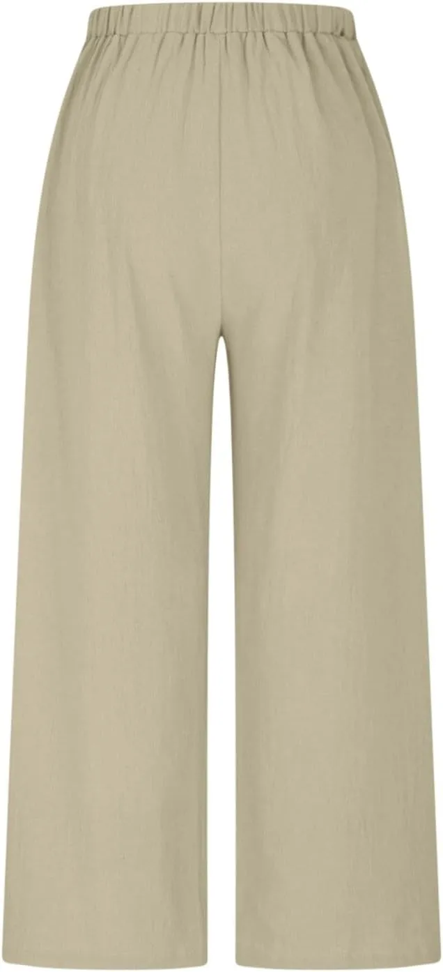 HGps8w Women's Cotton Linen Cropped Palazzo Pants Trendy Wide Leg Summer Loose High Waisted Lounge Trousers with Pockets