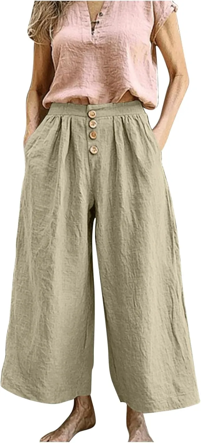 HGps8w Women's Cotton Linen Cropped Palazzo Pants Trendy Wide Leg Summer Loose High Waisted Lounge Trousers with Pockets
